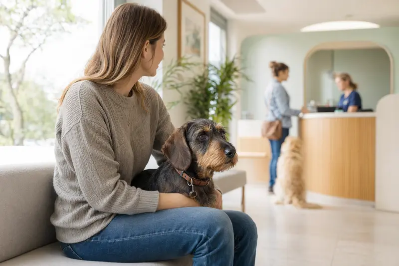 Ein Dackel sitzt ruhig neben seinem Besitzer im hellen Wartezimmer einer modernen Tierarztpraxis.
